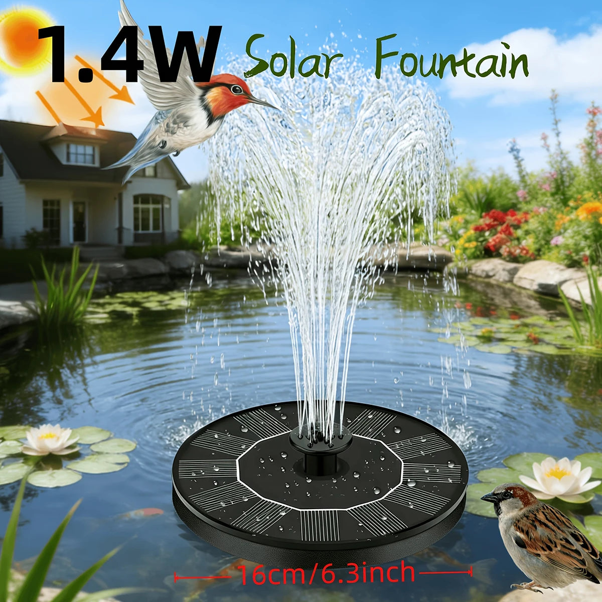 Floating Solar Water Fountain 1.4W Solar Powered Pond Pump Nozzles