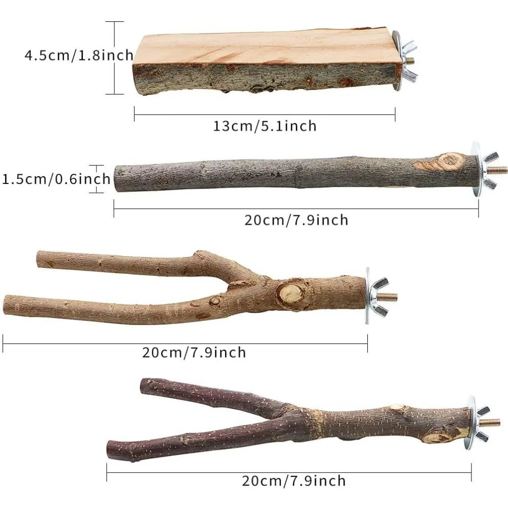 NONECN 4-Pack Natural Wood Bird Perch Toys