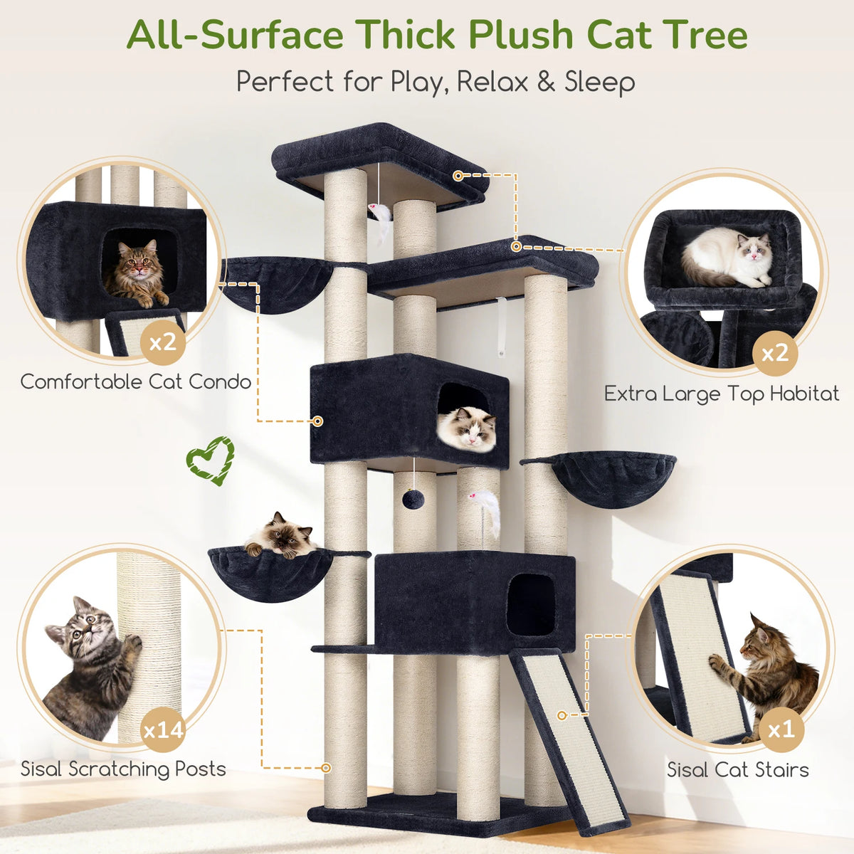 GLOBLAZER Cat Tree Condo With Hammocks And Sisal Scratching Posts
