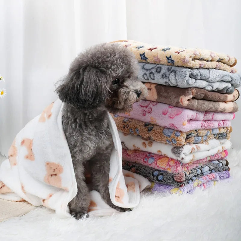 Soft Fluffy Flannel Pet Blanket for Dogs Paw Print