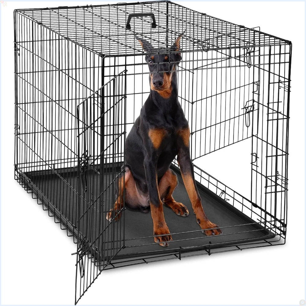 Dog Crate Foldable Double Door Cage With Leak Proof Pan Tray