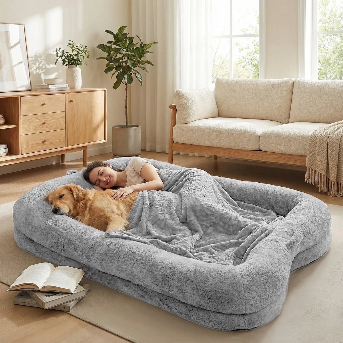Topincn Portable Washable Plush Human And Dog Bed With Blanket