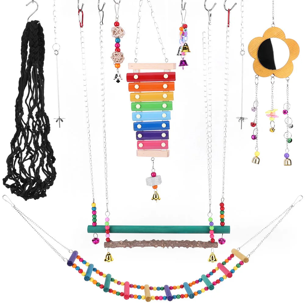 Shunmaii 10Pcs Parrot Toy Set Includes Hanging Hammock Perch