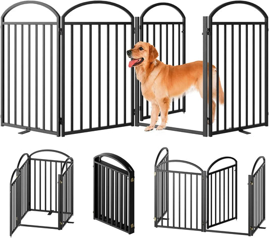 4-Panel Metal Pet Gate With Door Foldable Freestanding Fence