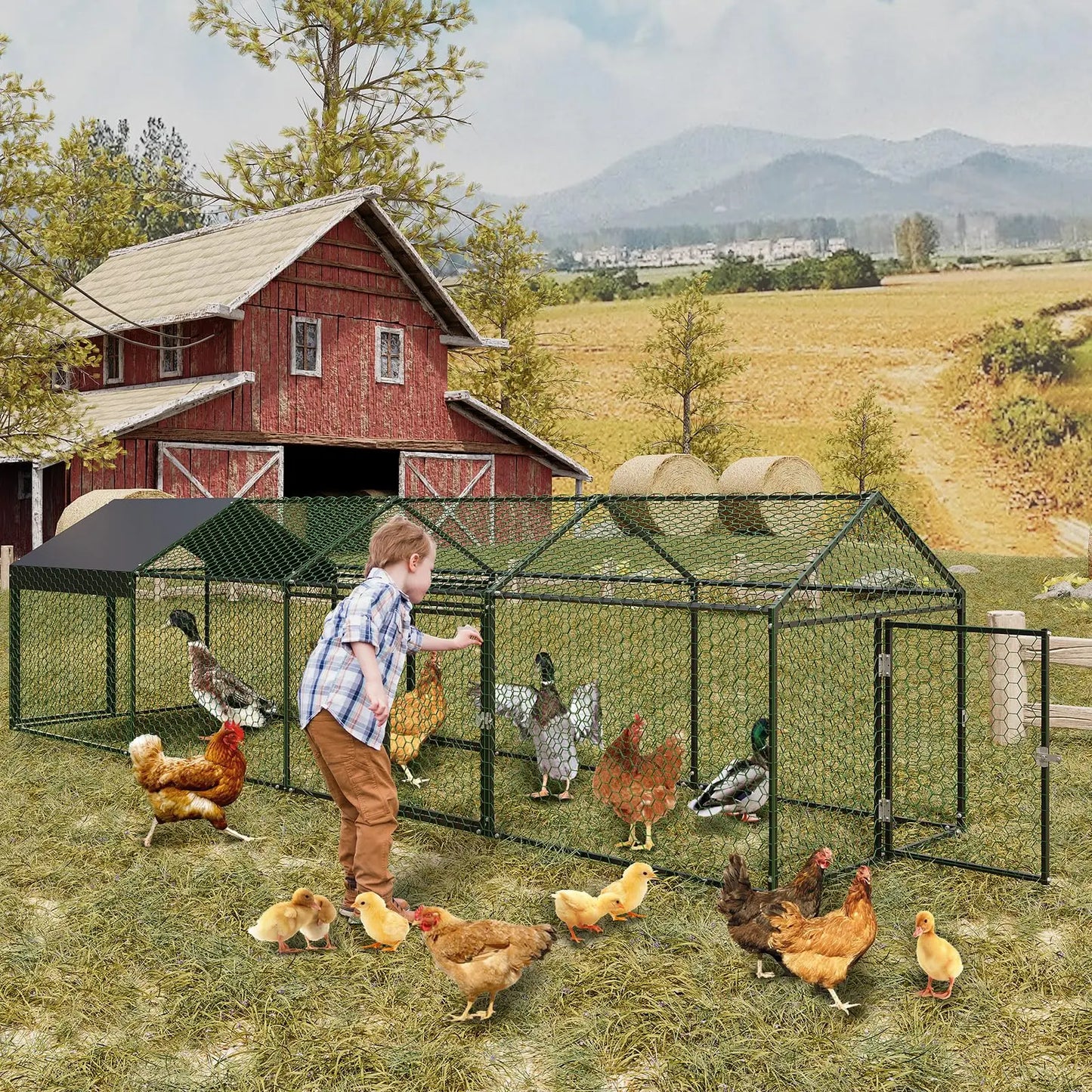 HiMISS Heavy Duty Metal Chicken Coop Walk In With Doors And UV Cover