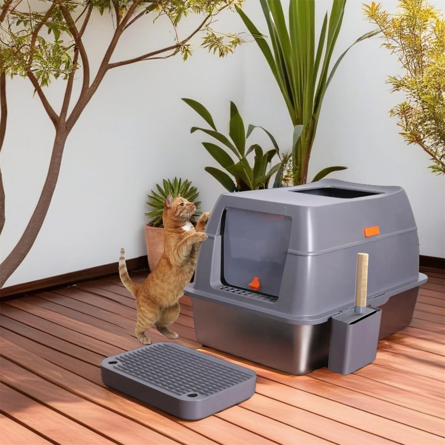 Enclosed Stainless Steel Cat Litter Box With Lid And High Walls