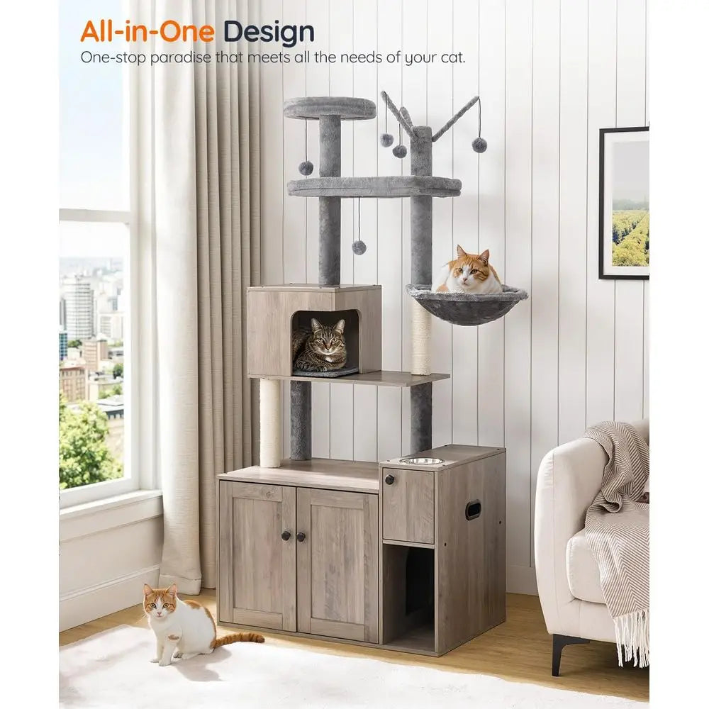 All-in-One Cat Tree With Litter Box Enclosure Food Bowl Storage