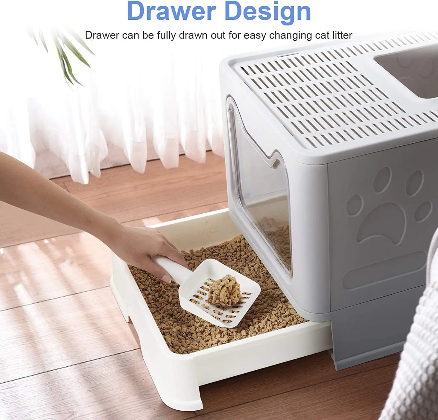 Cat Litter Box Foldable Hooded With Scoop And Drawer