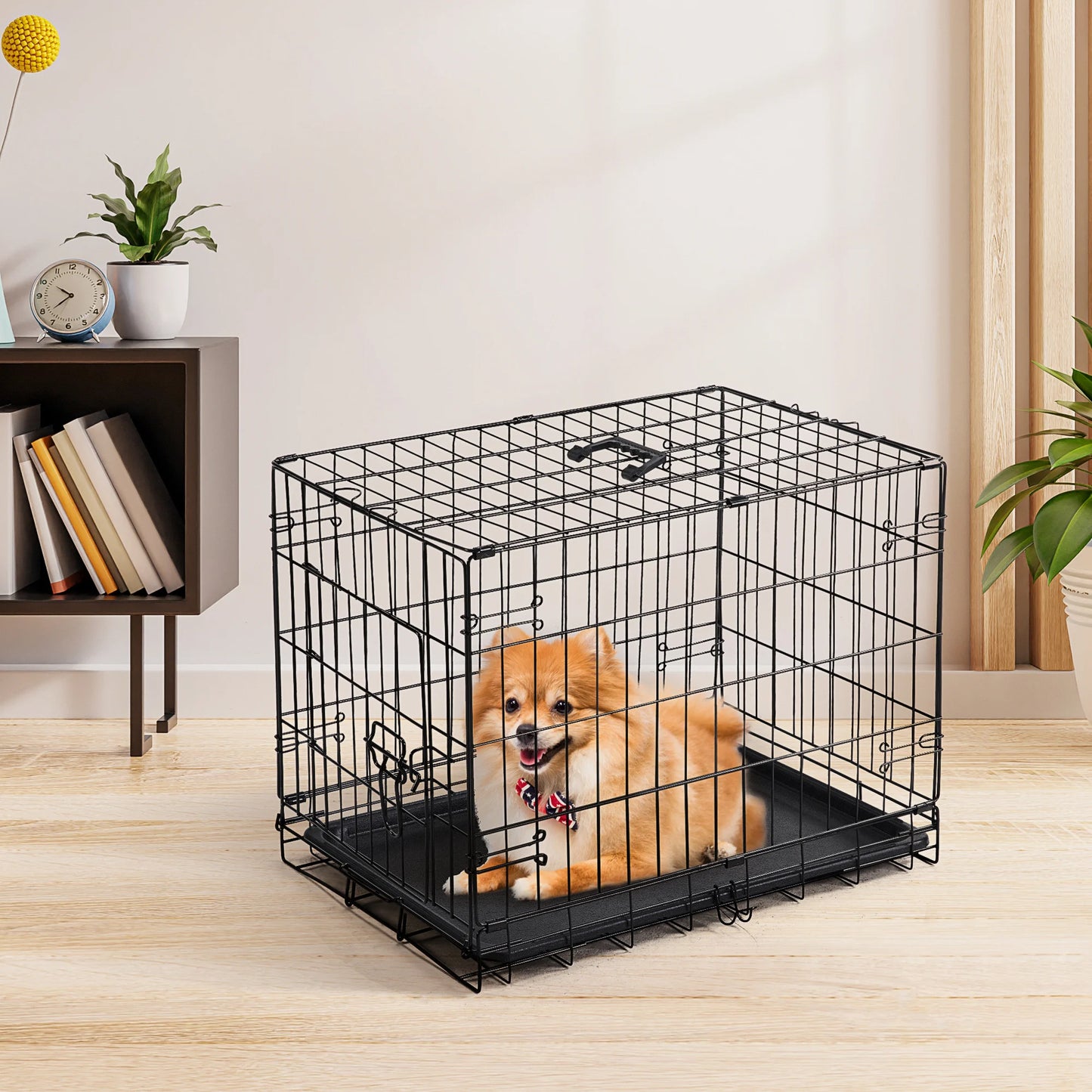 JHK Folding Metal Dog Cage With Leakproof Plastic Pan